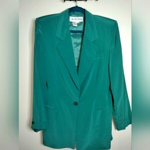 Diane Von Furstenburg (Size 10) Teal Green Silk Button Front LS Blazer Jacket